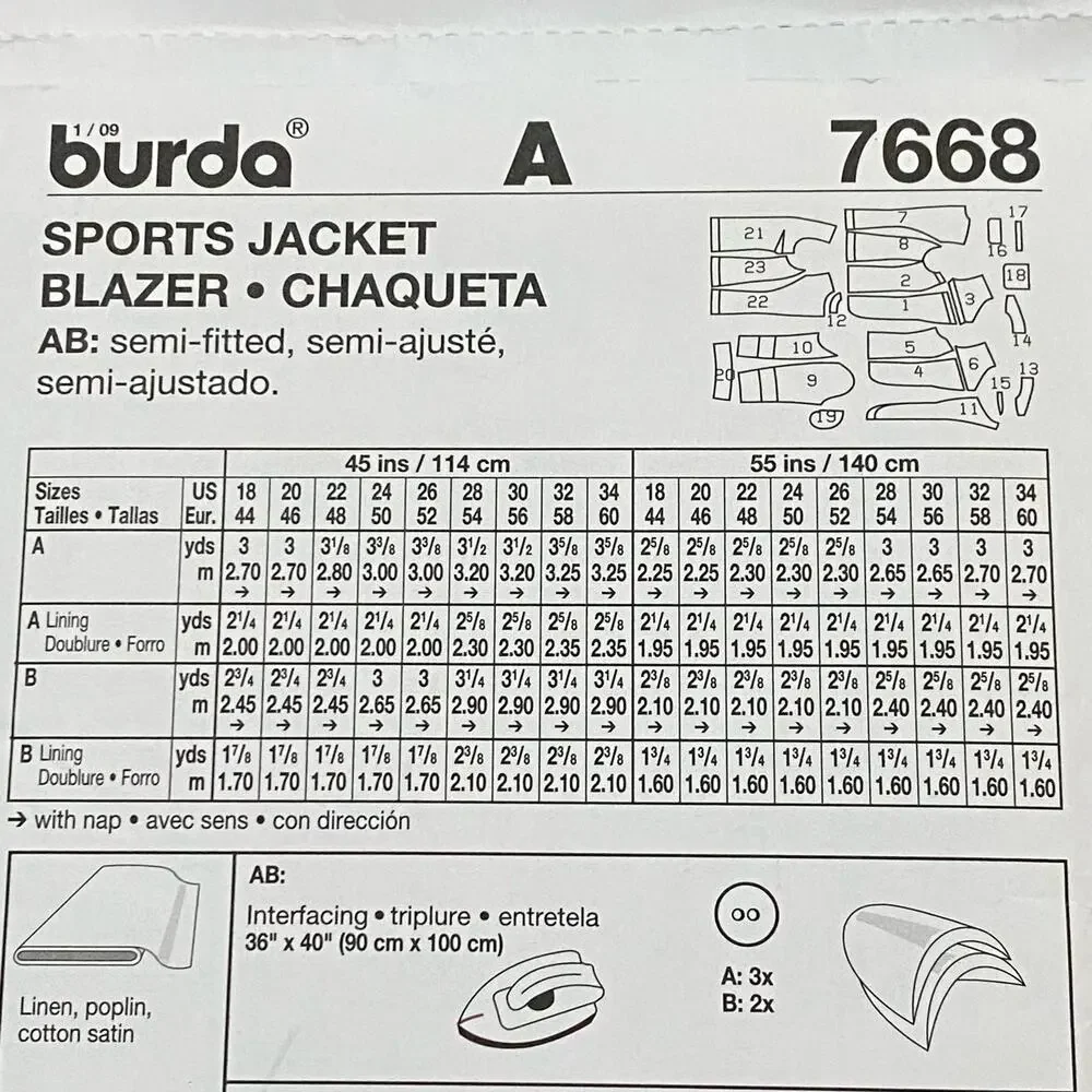 Burda sewing pattern #7668 blazer sports jacket UNCUT plus size US 18-34